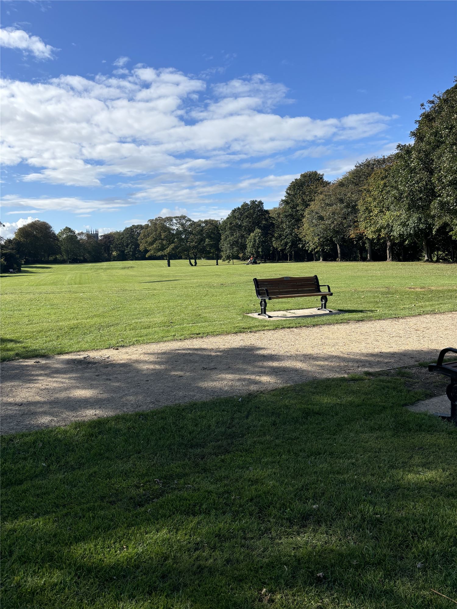 Hall Garth Park showing a large open grassed area with a path and bench and trees on the perimeter